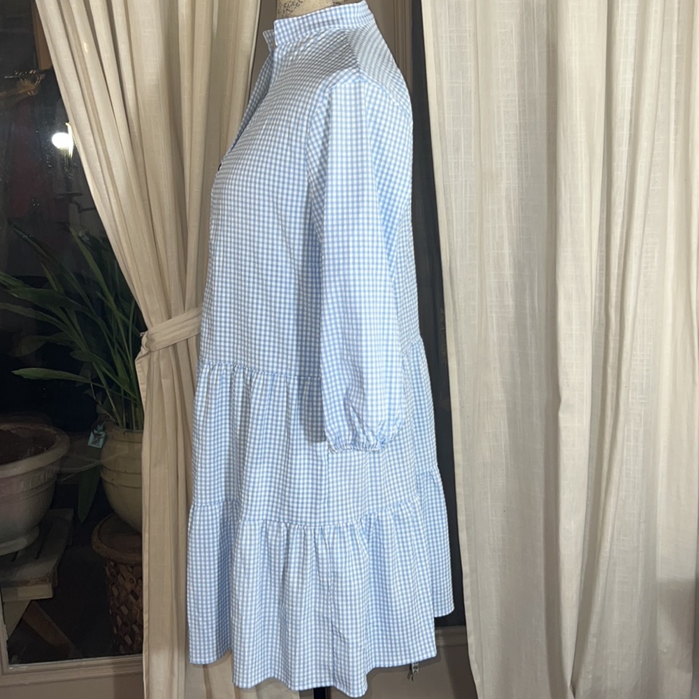 White & baby blue plaid prairie dress Dorothy style lightweight cool loose fit S - Picture 6 of 12